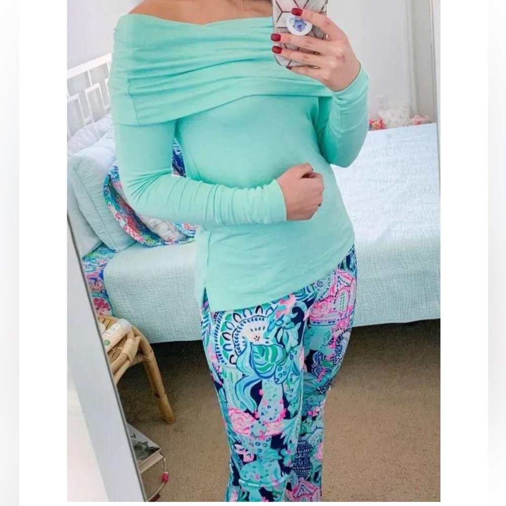 Lilly Pulitzer BELINDA PULLOVER BLUE MINT MODAL OFF SHOULDER SWEATER COWLNECK